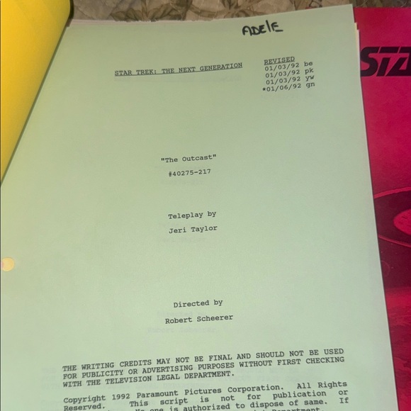 RARE & Authentic Star Trek TNG "The Outcast" (Episode 217) Production Script - - Picture 6 of 13